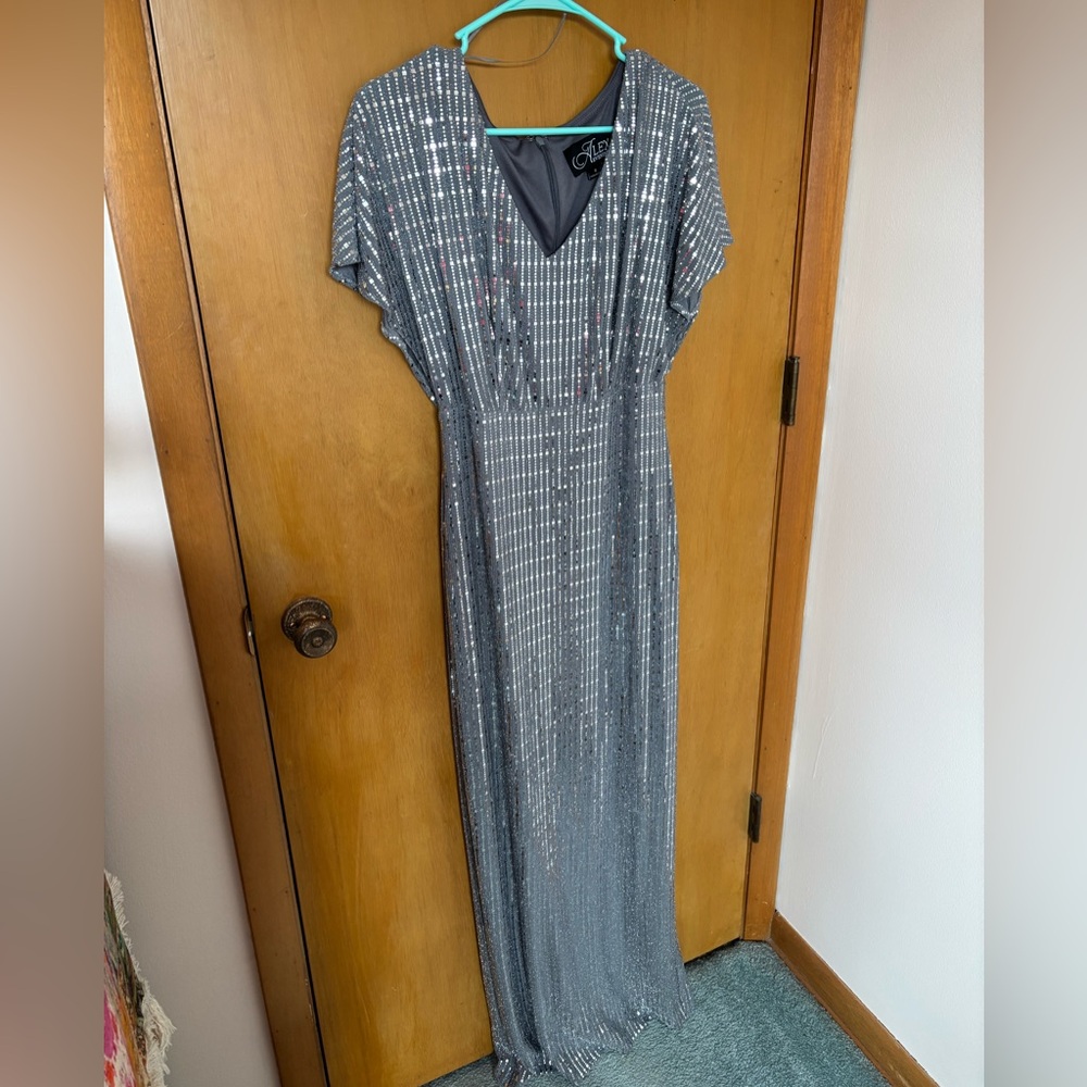Silver Metallic Evening Gown by Alex Evenings.